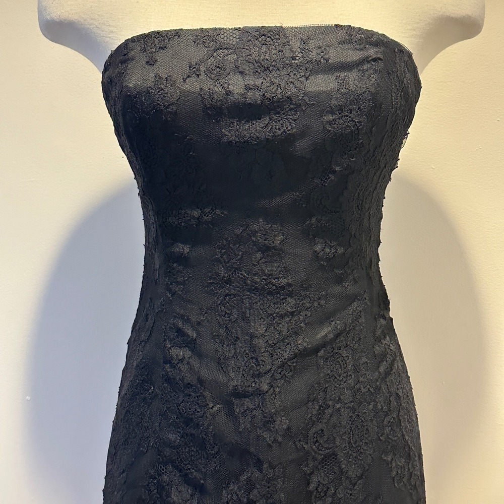 VTG Shoshanna Janie Lace Strapless Mini Dress Womens 4 Black Floral LBD Cocktail - Picture 3 of 13